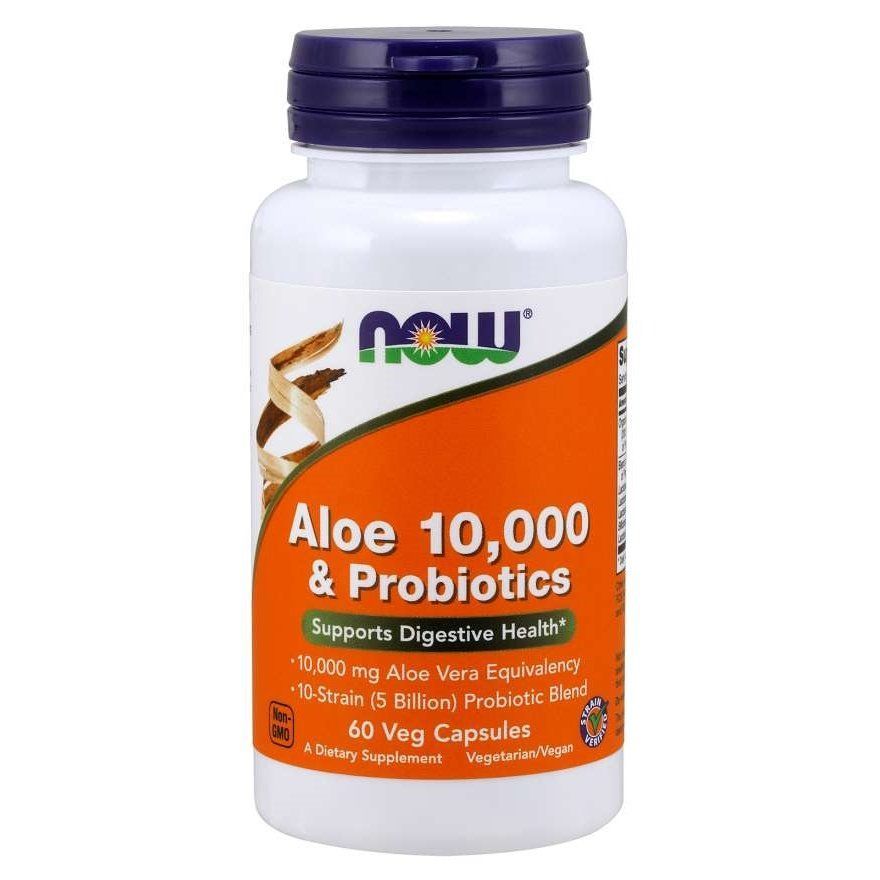 NOW Foods, Aloe 10,000 & Probiotics, 60 вегетаріанських капсул
