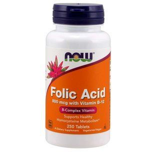 NOW Foods, Folic Acid with Vitamin B-12, 800 мкг, 250 таблеток